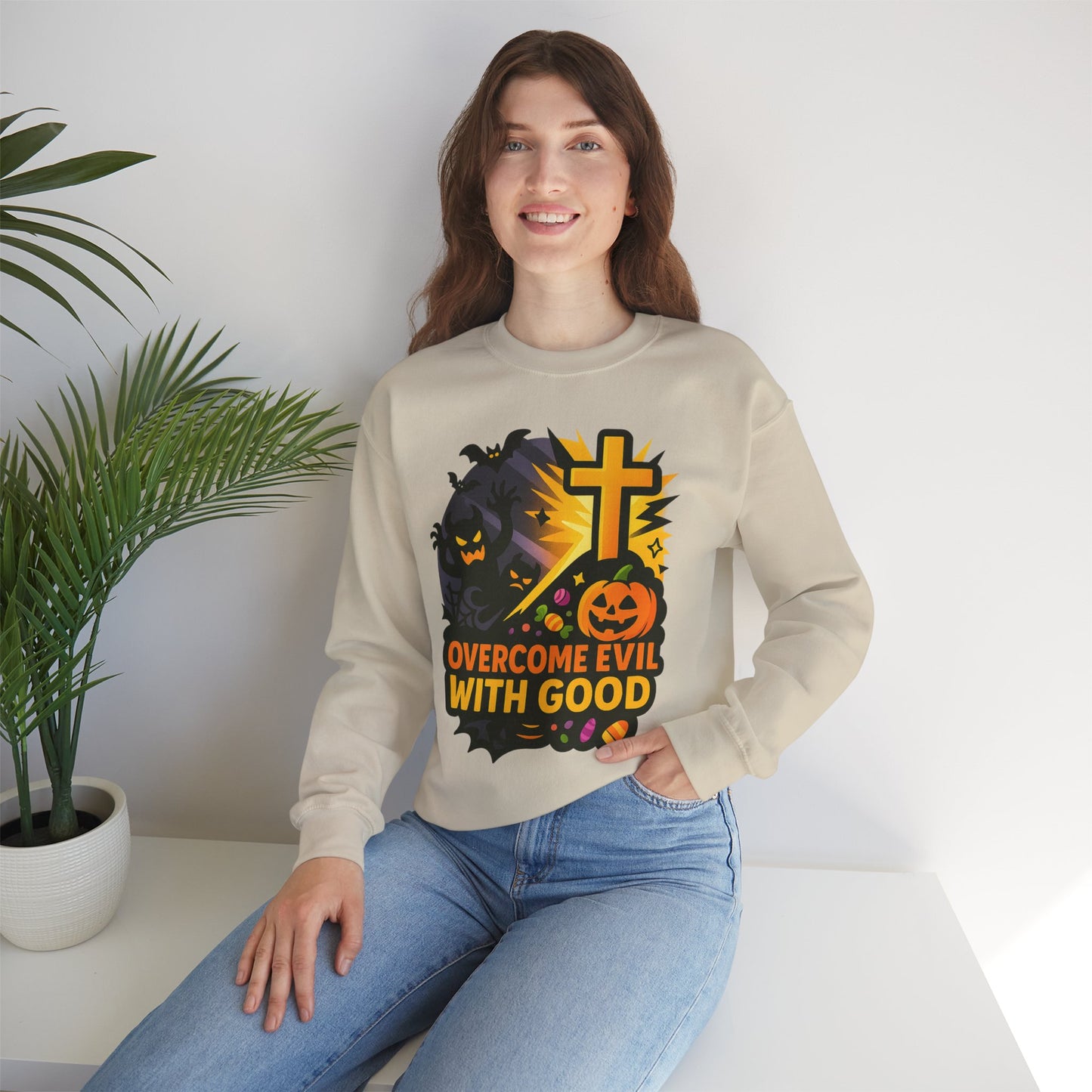 Halloween-Themed Crewneck Sweatshirt, Unisex Spooky Sweatshirt, Fall Fashion, Trick or Treat Gift, Overcome Evil Design, Cozy Halloween Wear