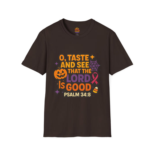 Halloween Faith T-Shirt, Unisex Bible Quote Tee, Religious Apparel, Spiritual Gift, Pumpkin Theme, Psalm 34:8