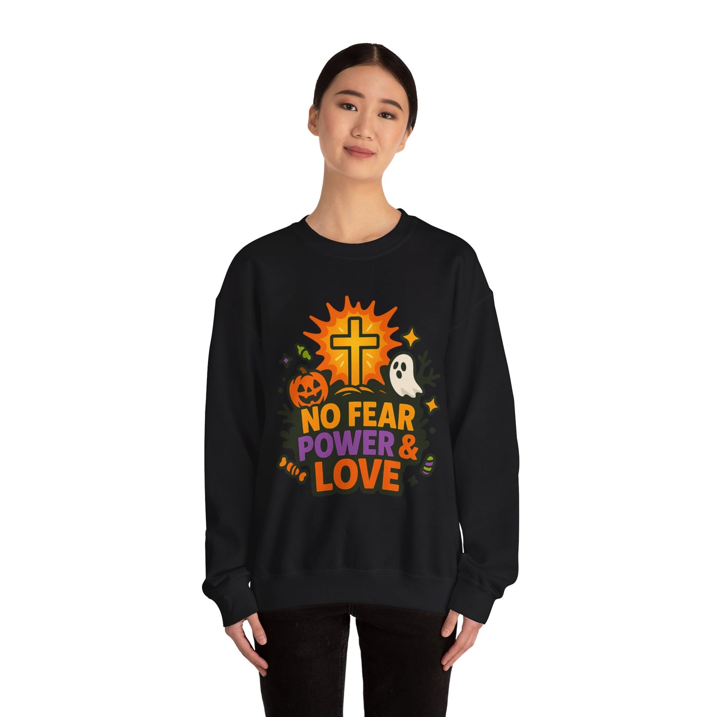 Halloween Inspirational Crewneck Sweatshirt, Unisex Sweatshirt, Fall Fashion, Cozy Gift, Spooky Season Apparel, Faith and Love Sweatshirt
