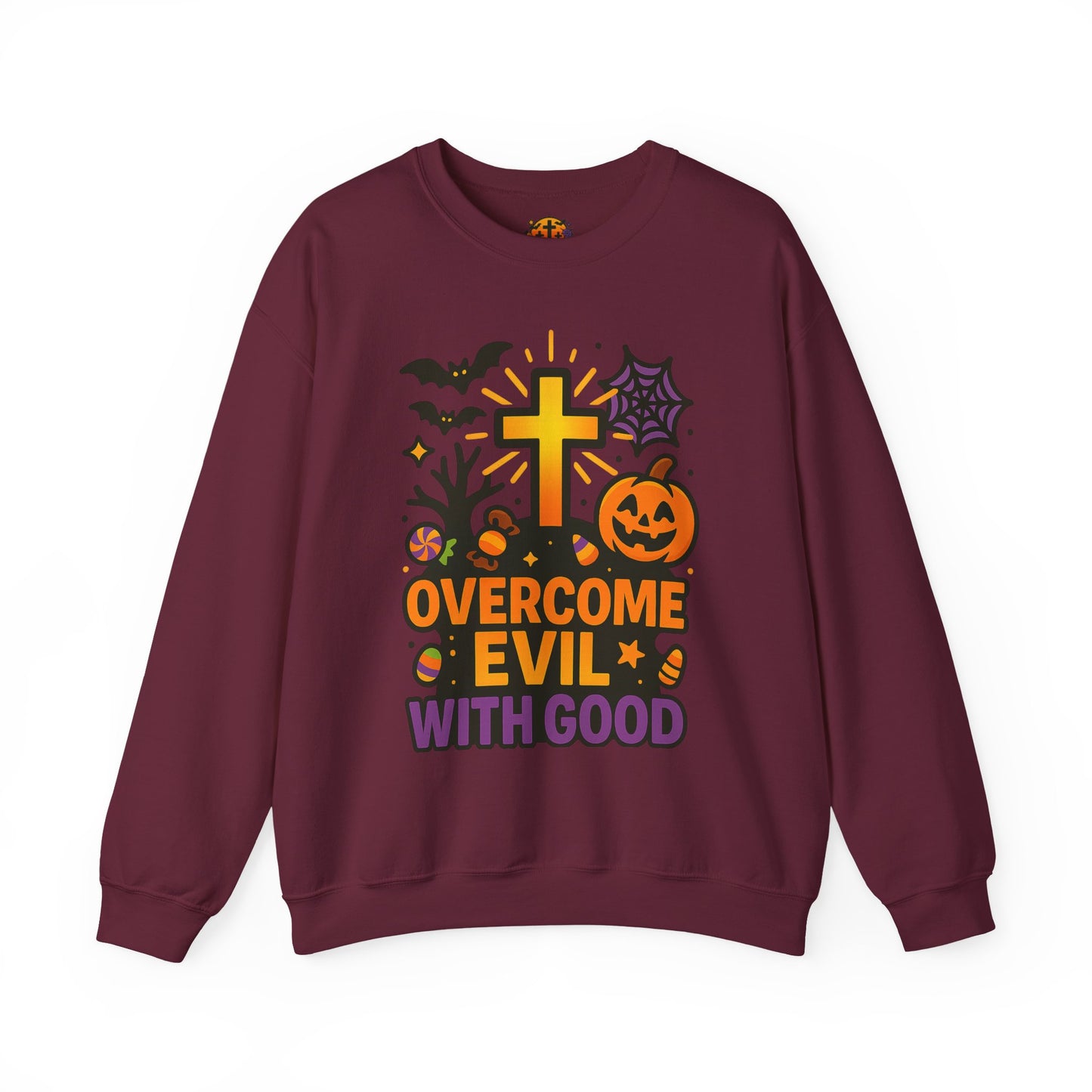 Halloween Unisex Crewneck Sweatshirt, Cozy Fall Apparel, Pumpkin & Cross Design, Perfect for Autumn, Gifts for Him & Her