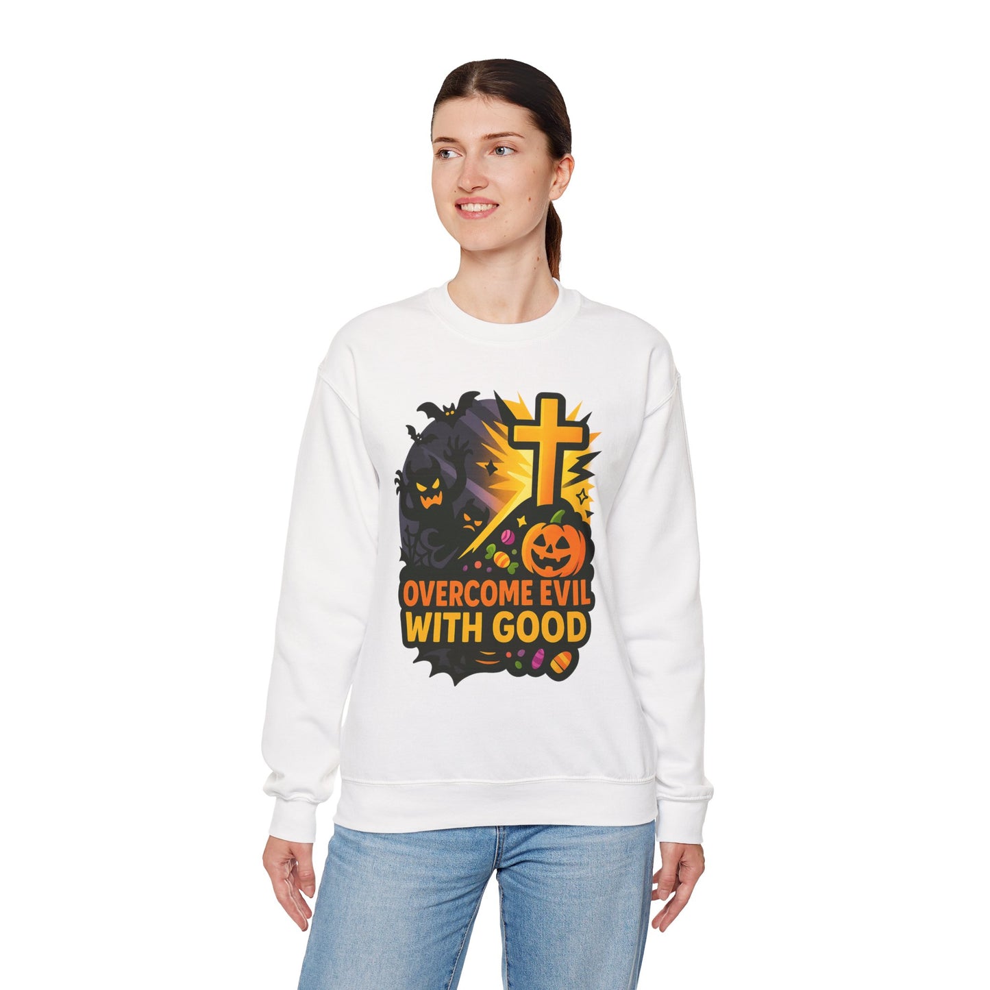 Halloween-Themed Crewneck Sweatshirt, Unisex Spooky Sweatshirt, Fall Fashion, Trick or Treat Gift, Overcome Evil Design, Cozy Halloween Wear